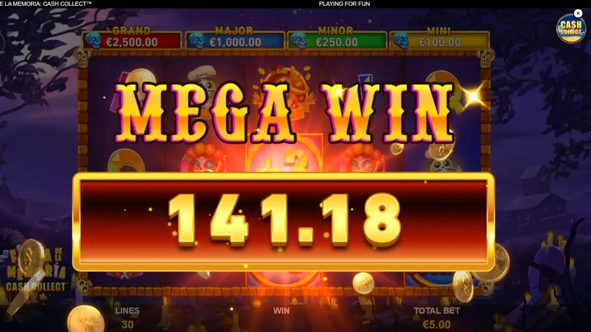 Interface vibrante do jogo Fiesta de la Memoria Cash Collect com elementos neon.
