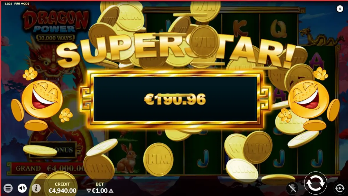 Interface do jogo de slot Dragon Power 10,000 Ways com tema de dragão dourado