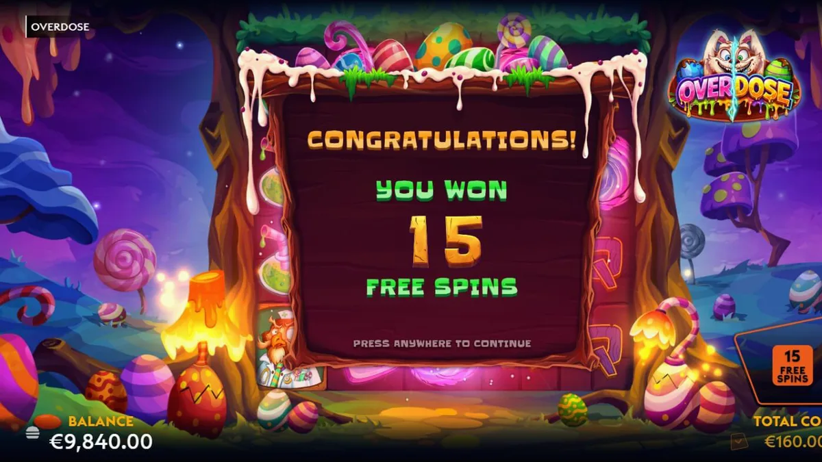 Interface visual do slot Overdose com elementos de fantasia e doces